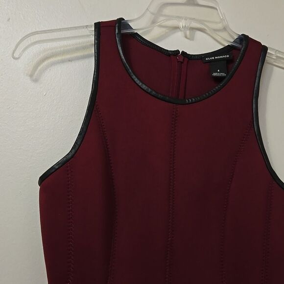 Club Monaco Neoprene Scuba Fit and Flare Pleated Dress Burgundy Leather Trim 4 - Picture 3 of 7